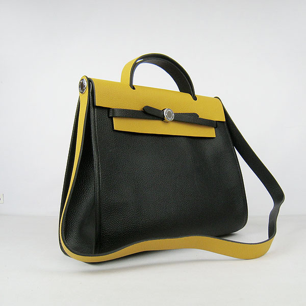 7A Replica Hermes Black/Yellow Kelly 32cm Togo Leather Bag 60667 - Click Image to Close